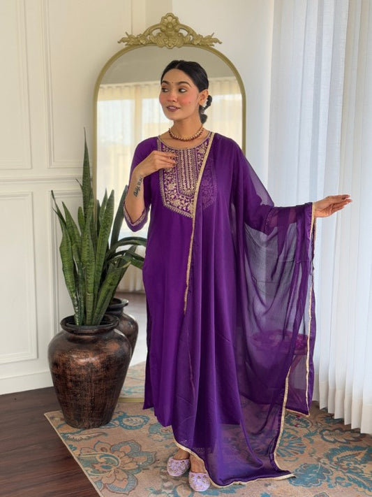Floral Embroidered Sequinned Straight Kurta with Trouser & Dupatta