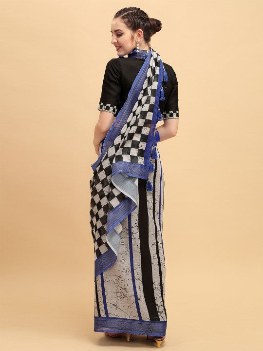 White & Black Checked Pure Linen Saree