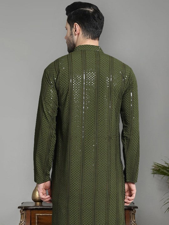 Men Embroidered Flared-Sleeves Thread-Work Kurta