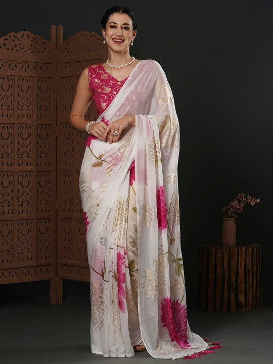 White & Pink Floral Printed Pure Georgette Saree