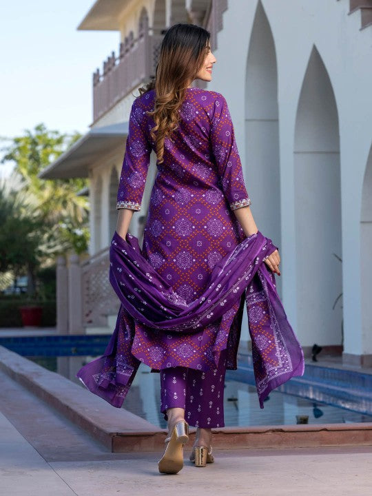 Ethnic Motifs Printed Embroidered Pure Cotton Kurta with Trousers & Dupatta