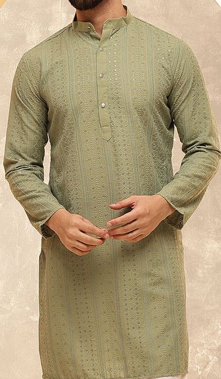 Green Geometric Embroidered Sequinned Band‑Collar Straight Kurta