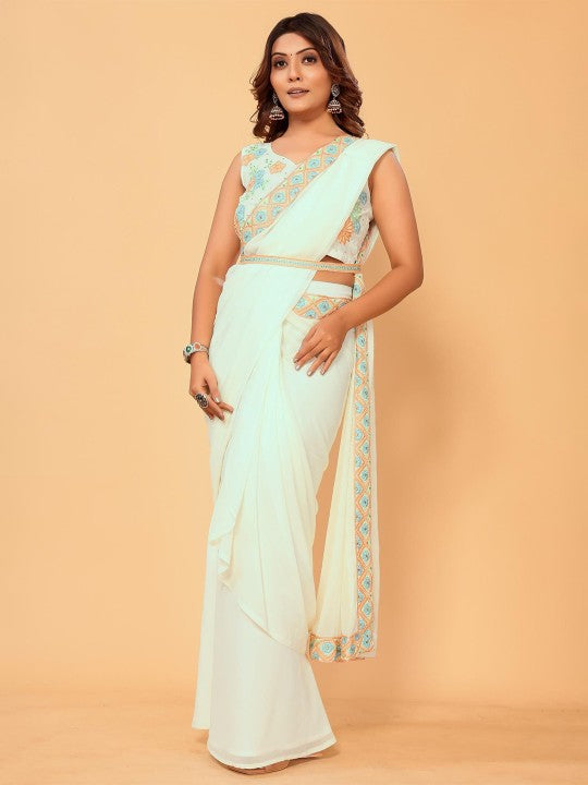 Georgette Pre‑stitched Saree with Embroidery Belt & Stitched Blouse