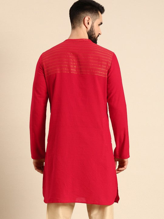 Men Red Striped Pure Cotton Kurta