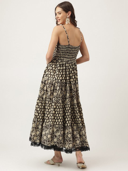 Floral Printed Shoulder Straps Cotton Tiered Fit & Flare Maxi Ethnic Dress