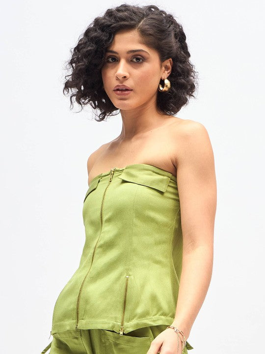 Off Shoulder Twill Front Zip Tube Top