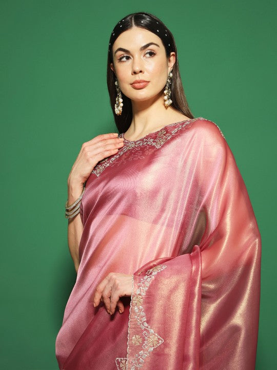 Saree Mall Embellished Beads and Stones Organza Saree