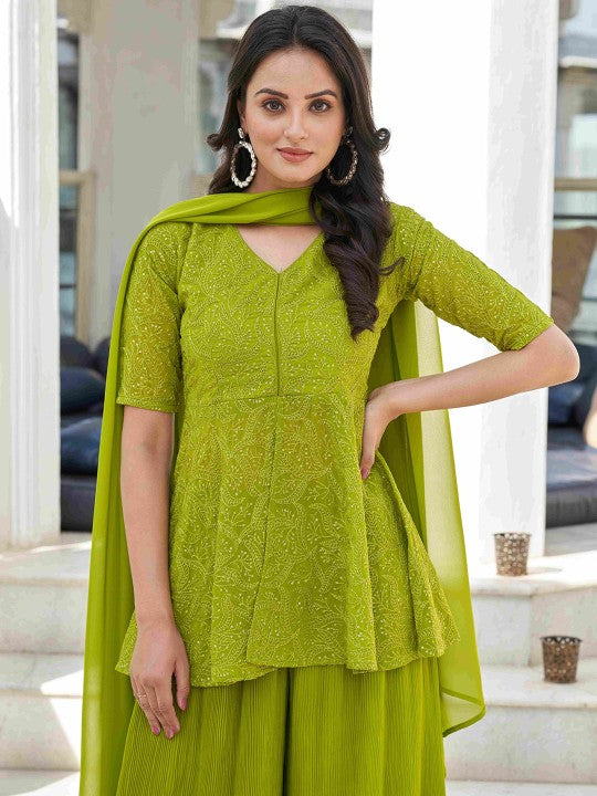 Floral Embroidered Regular Kurti with Palazzos & Dupatta