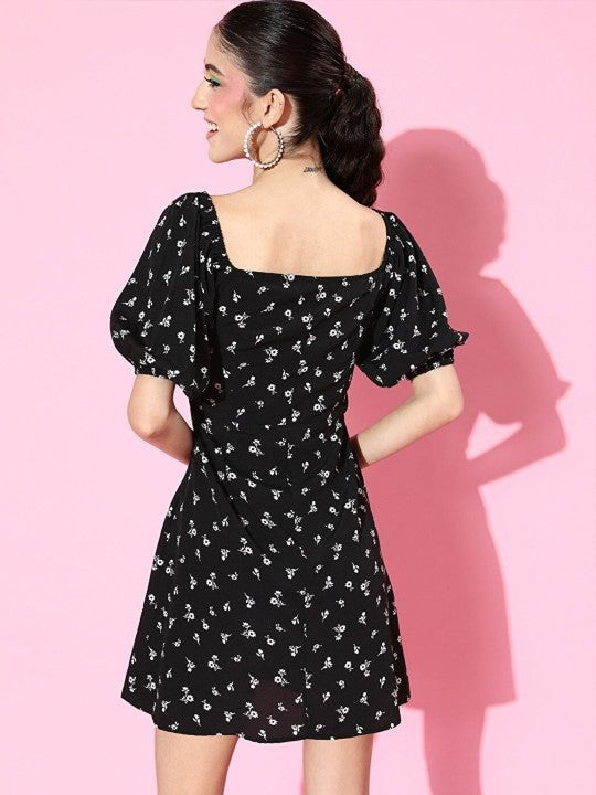 Print Puff Sleeve Crepe Fit & Flare Mini Dress