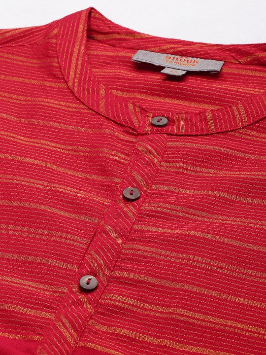 Men Red Striped Pure Cotton Kurta