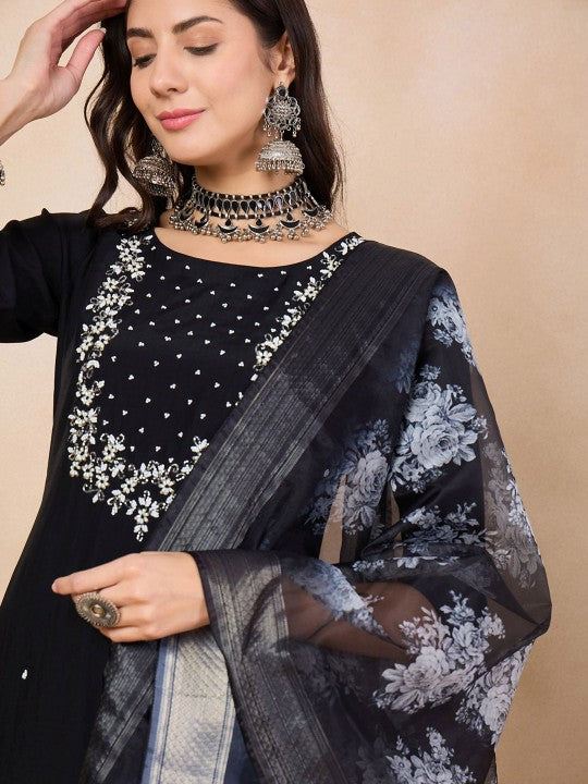 Black Ethnic Motifs Embroidered Chanderi Silk Straight Kurta with Trouser & Dupatta