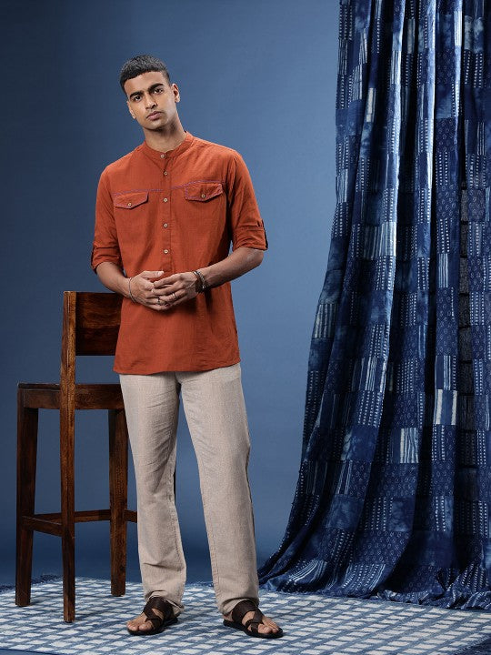 Pure Cotton Thread Work Roll-Up Sleeves Woven Legacy Kurta