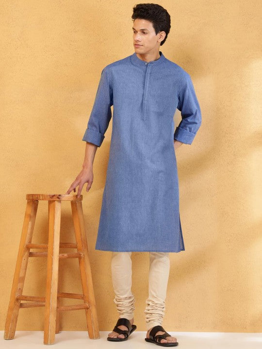 Thread Work Band Collar Cotton Straight Kurta
