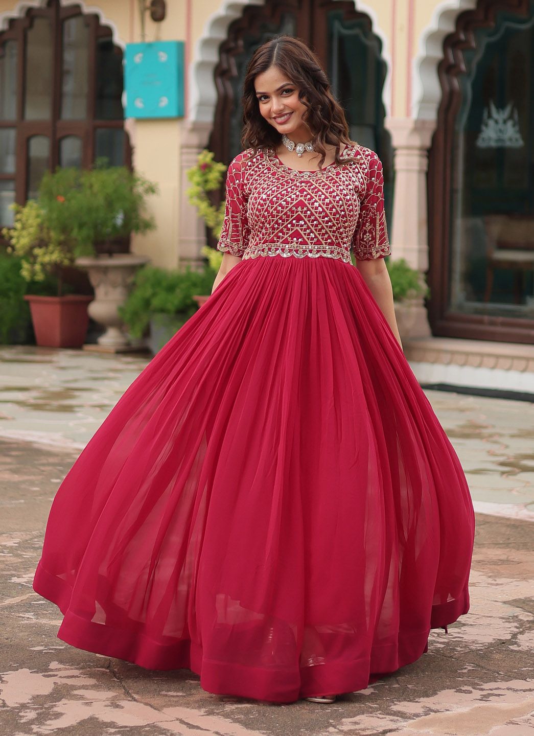 Women Embroidered A‑Line Maxi Dress