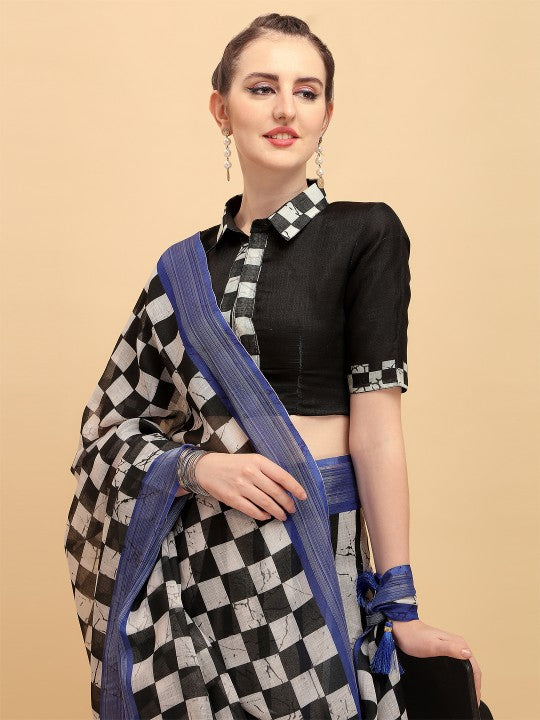 White & Black Checked Pure Linen Saree