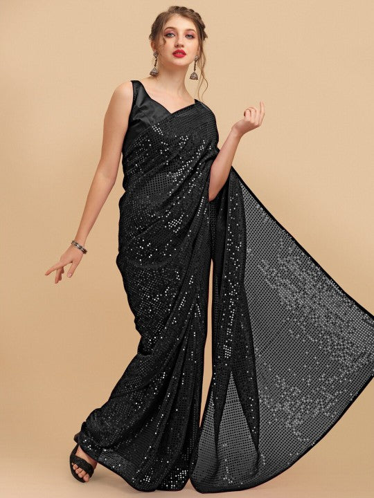 Black Embellished Sequinned Pure Georgette Saree