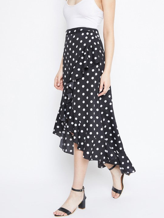 Black & White Polka Print Wrap Midi Skirt