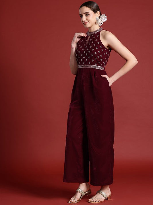 Halter Neck Printed Embroidered Culotte Jumpsuit with Belt