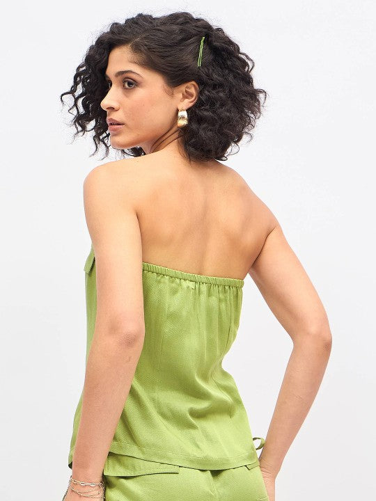 Off Shoulder Twill Front Zip Tube Top