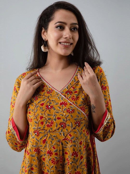Women Mustard Yellow & Red Ethnic Motifs Printed Angrakha Anarkali Kurta