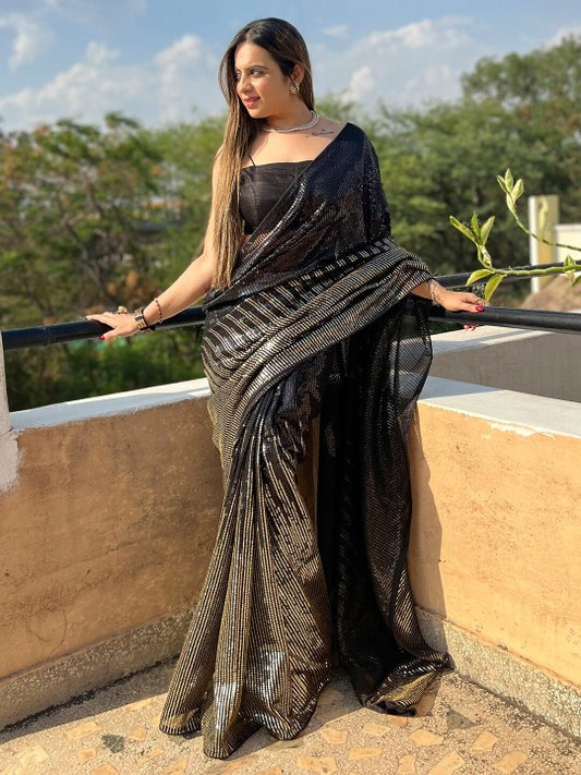 Black Embellished Sequinned Pure Georgette Saree