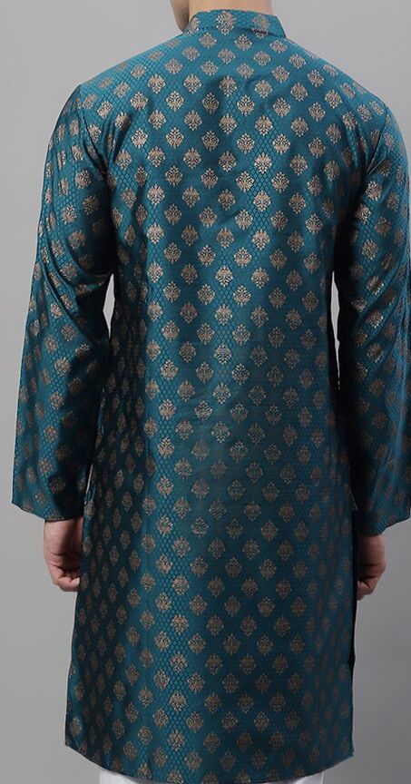 Teal Blue & White Ethnic Motifs Woven Design Kurta with Pyjamas