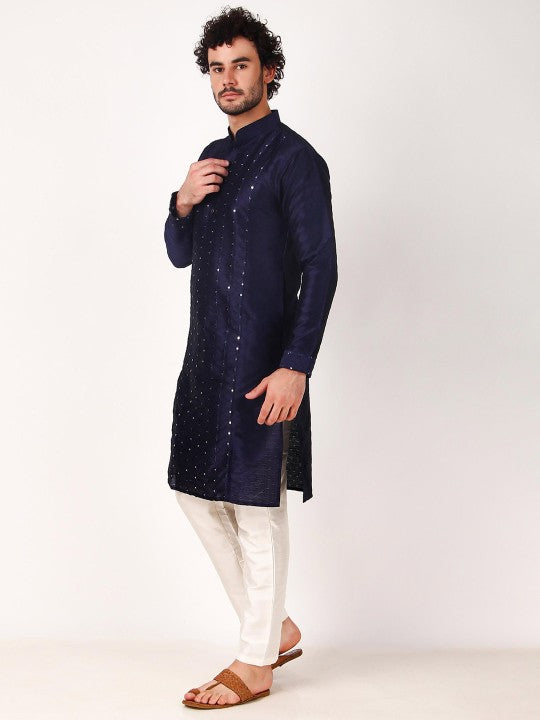 Geometric Embroidery Mandarin-Collar Mirror Work Kurta