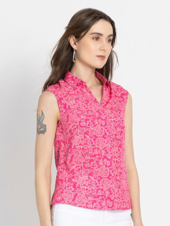 Floral Printed Shirt Collar Crepe Top
