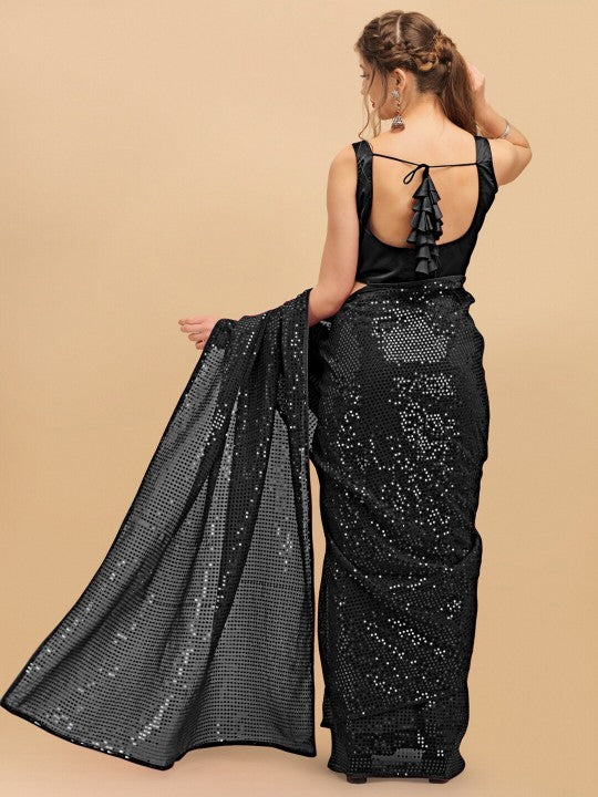 Black Embellished Sequinned Pure Georgette Saree