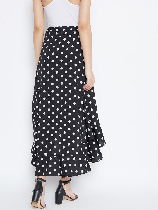 Black & White Polka Print Wrap Midi Skirt