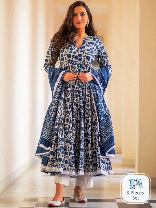 Floral Printed Anarkali Kurta & Trousers with Dupatta