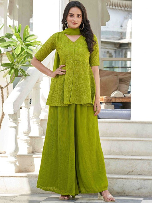 Floral Embroidered Regular Kurti with Palazzos & Dupatta