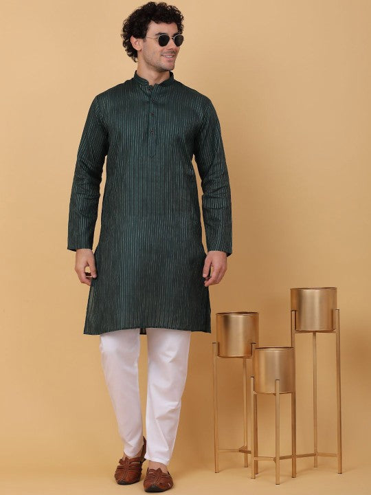 Striped Mandarin Collar Pure Cotton Straight Kurta