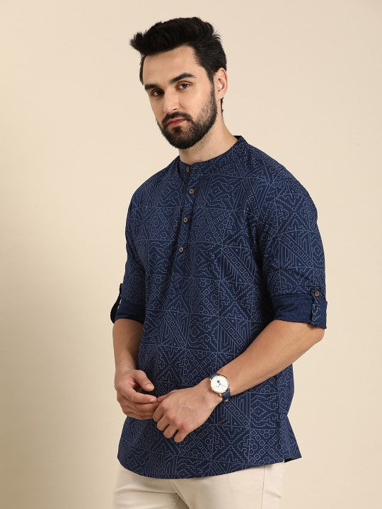Men Geometric Printed Cotton Indigo Short Kurta
