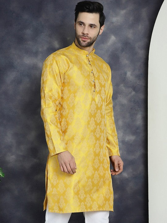 Yellow Ethnic Motifs Woven Design Jacquard Straight Kurta