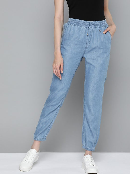 Women Blue Mid-Rise Washed Denim Joggers