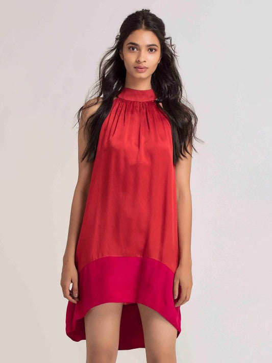 Halter Neck High-Low Hem Satin A-Line Dress