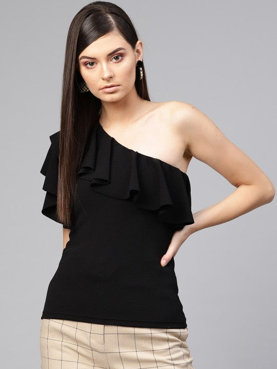 Women Black Solid Fitted One-Shoulder Top