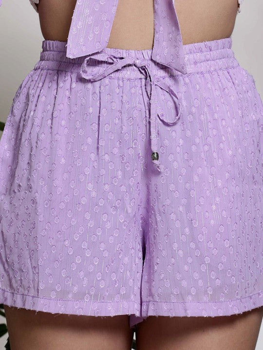 Purple Self Design V-Neck Flared Sleeves Top With Shorts Co-Ords