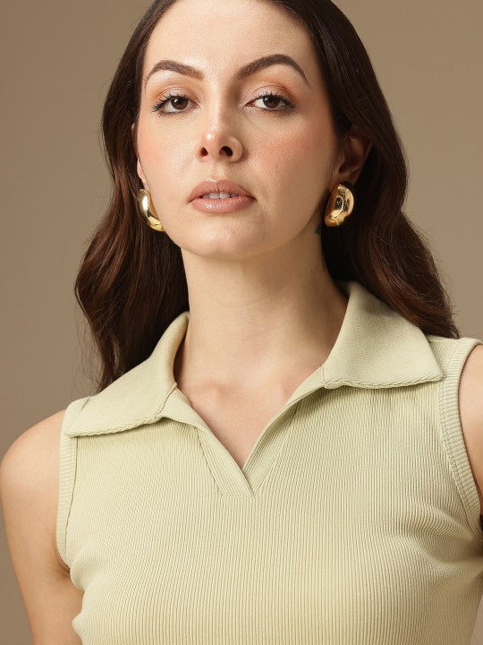 Polo Collar Sleeveless Ribbed Top