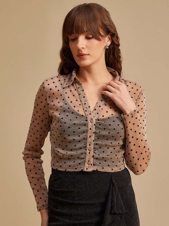 Women Polka Dots Printed Shirt Collar Top