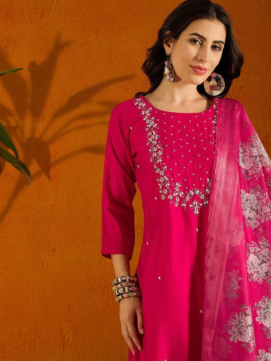 Ethnic Motifs Embroidered Beads & Stones Chanderi Silk Straight Kurta Set