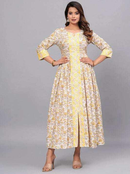 Floral Printed Three‑Quarter Sleeves Cotton Anarkali Kurta