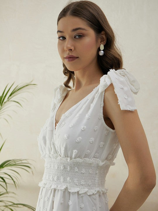 Berrylush White Self Design V-Neck Smocked Maxi Dress