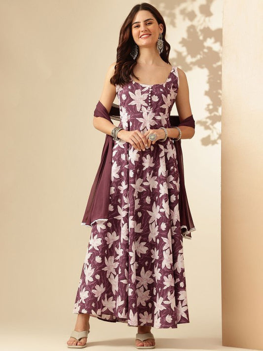 Floral Printed Square Neck Sleeveless Pure Cotton Anarkali Kurta