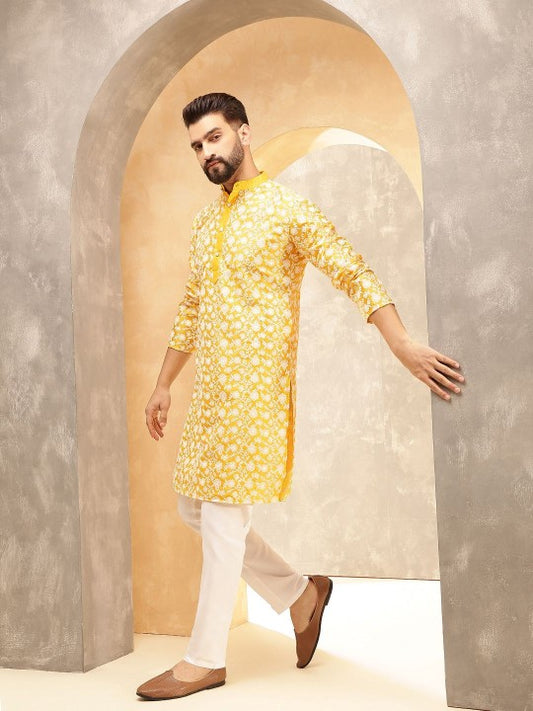 Mustard Floral Embroidered Mandarin‑Collar Straight Kurta with Pyjamas