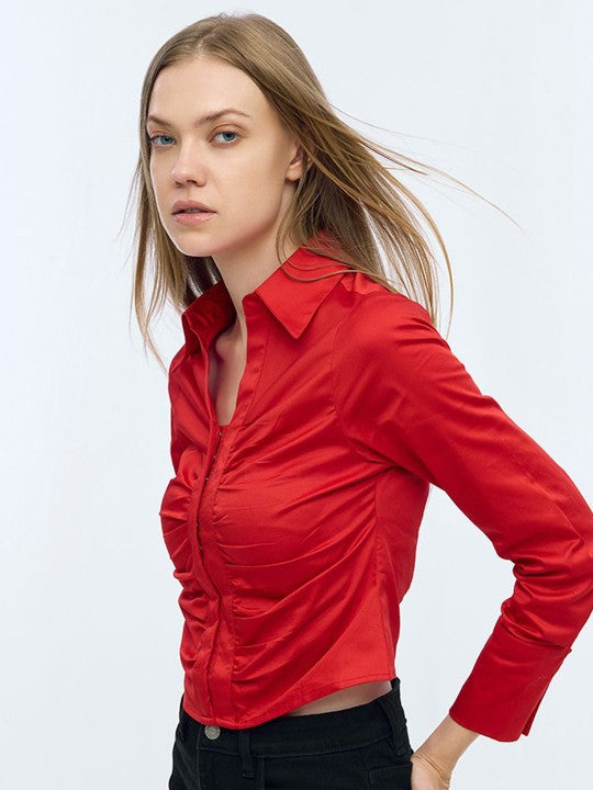 Women Cherry Red Ruched Front Casual Shirt