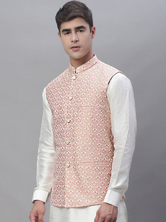 Men Woven Design Satin Nehru Jacket