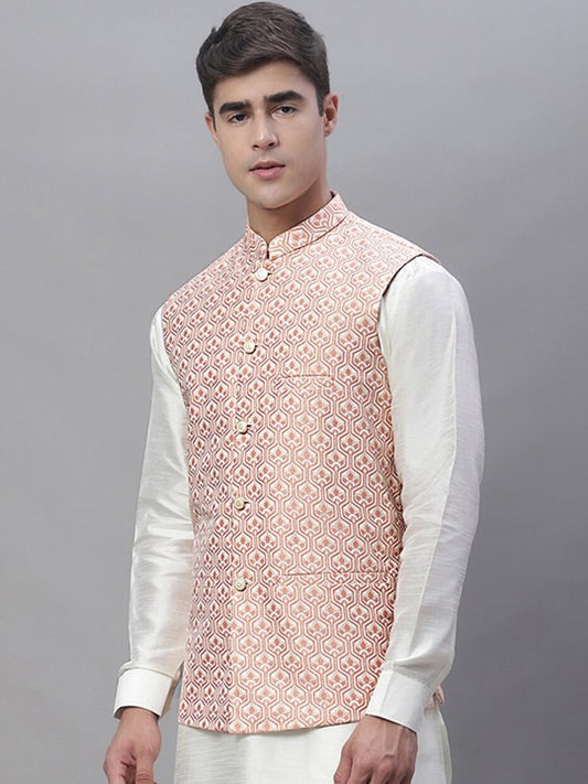 Men Woven Design Satin Nehru Jacket