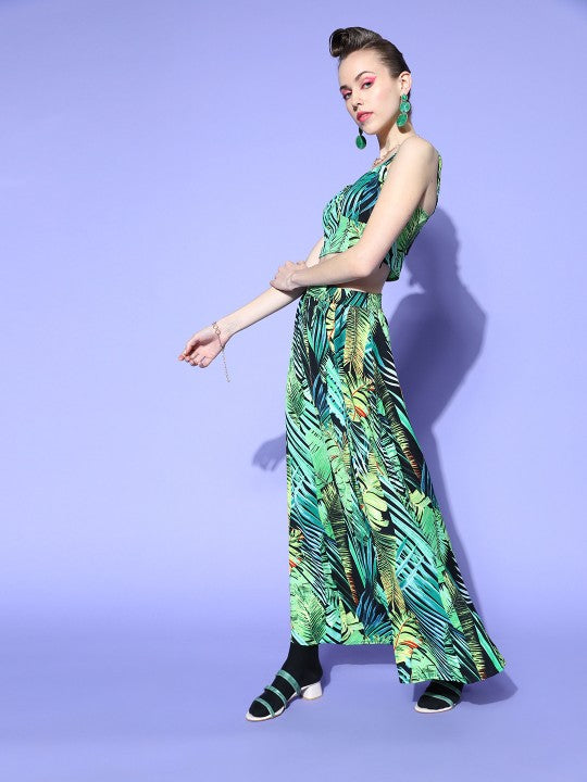 Women Green & Yellow Tropical Print Cami Top & A-Line Skirt